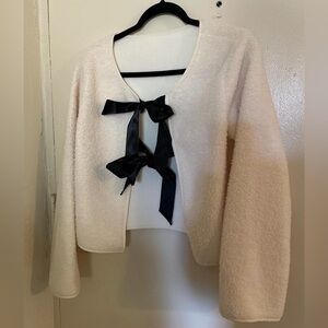 Teddy Style Cream Cardigan with Black Ribbon Accents